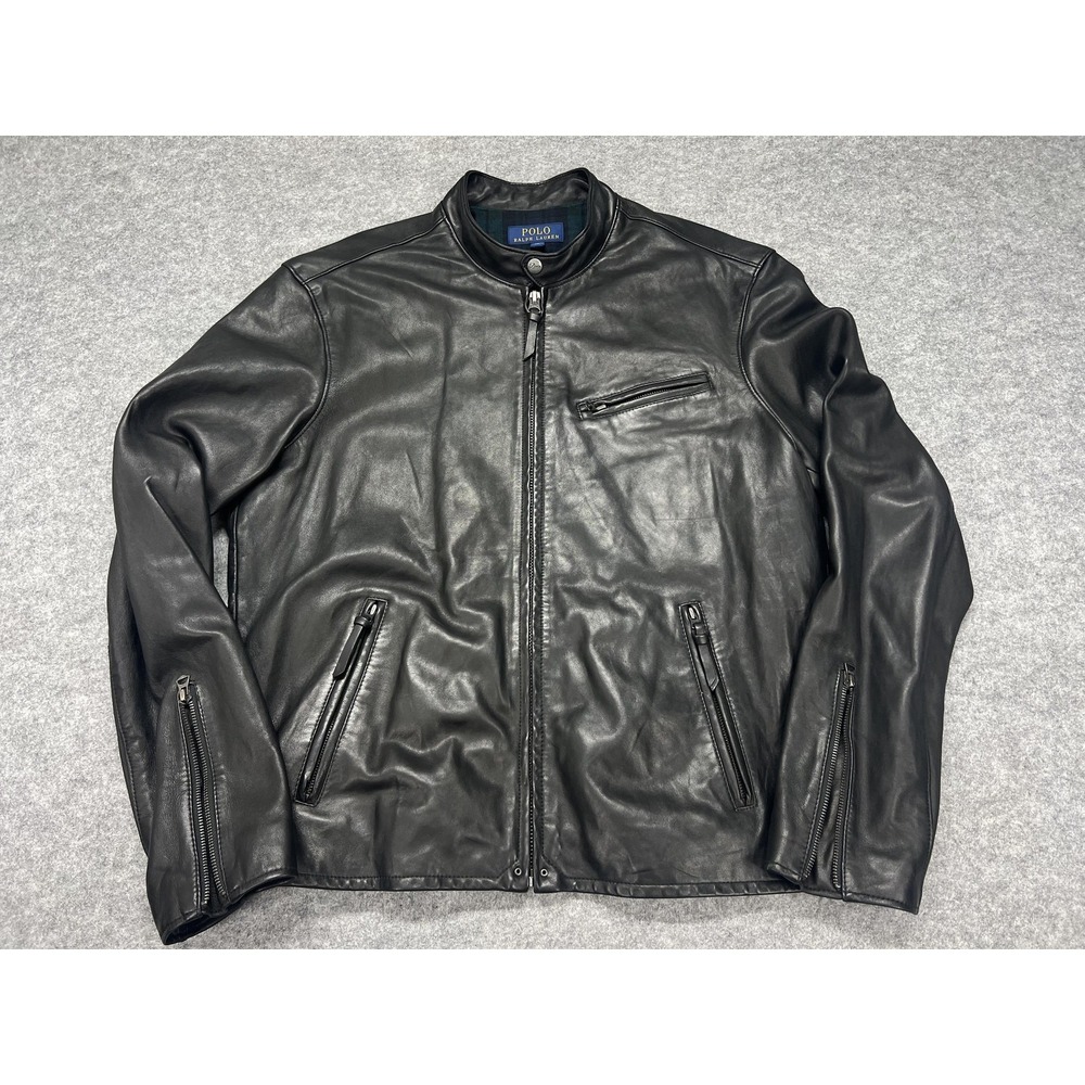 Polo Ralph Lauren Lamb Leather Jacket Mens XL Black Moto Plaid Lined Biker